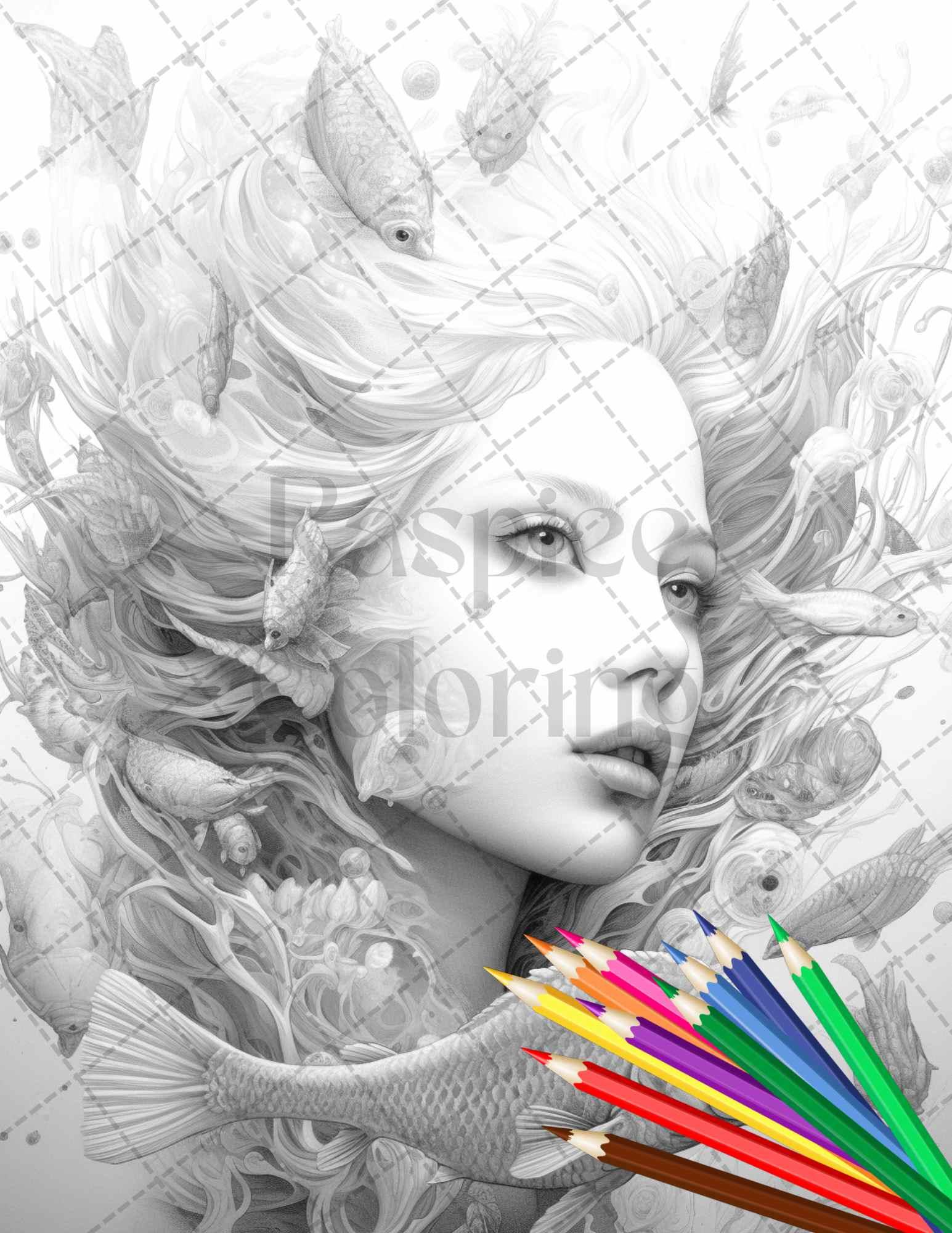 40 Enchanted Mermaid Grayscale Coloring Pages Printable for Adults, PDF File Instant Download