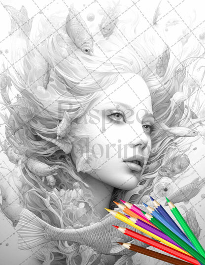 40 Enchanted Mermaid Grayscale Coloring Pages Printable for Adults, PDF File Instant Download