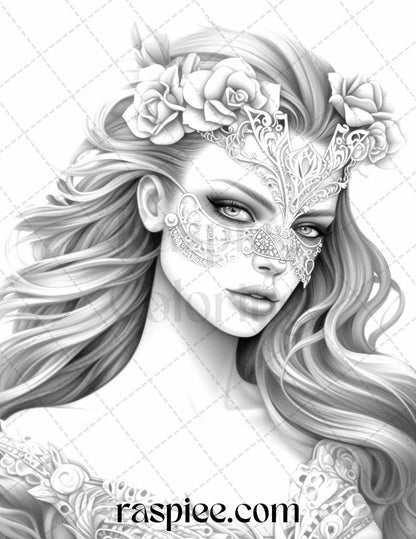 40 Masquerade Girls Grayscale Coloring Pages Printable for Adults, PDF File Instant Download