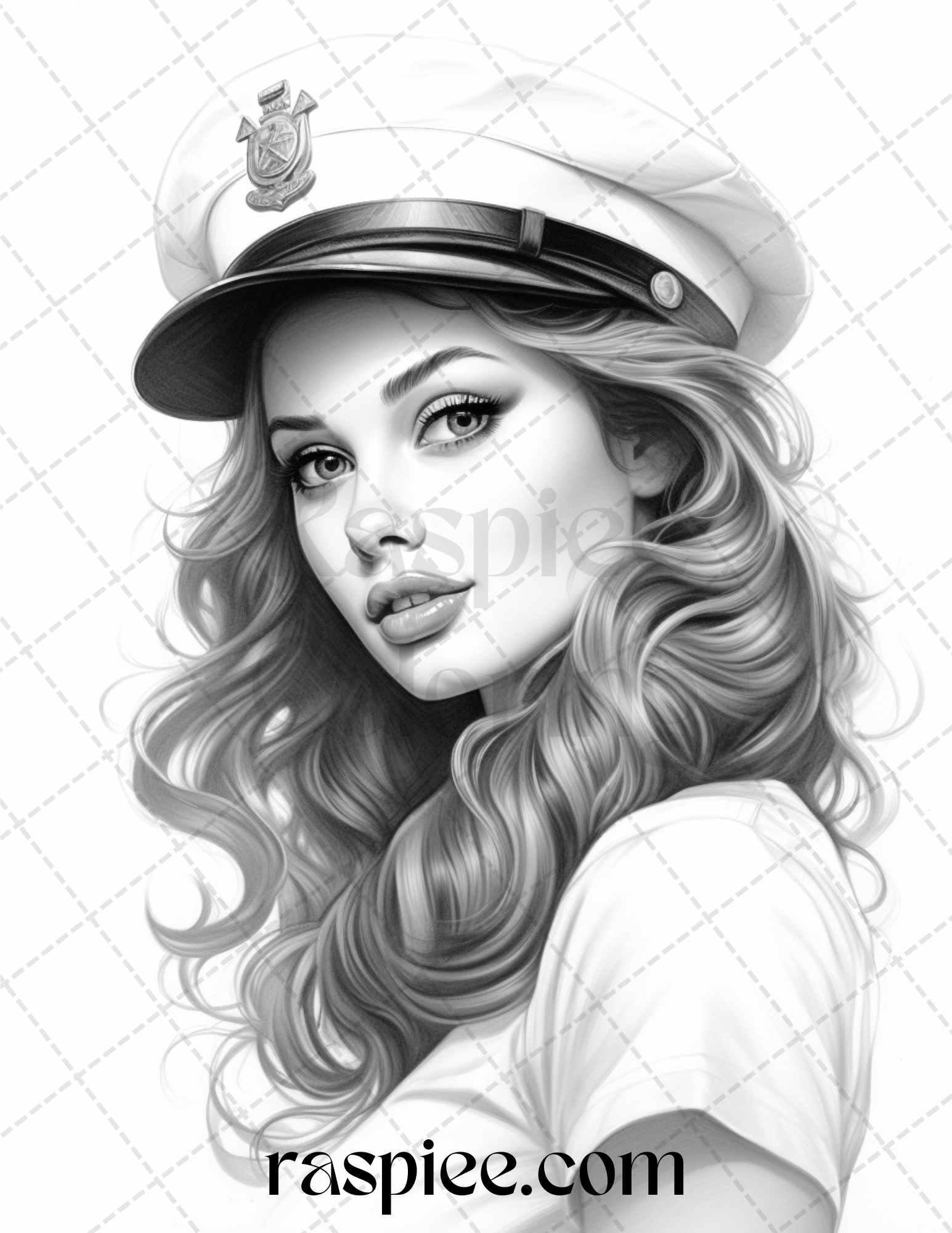 40 Sailor Pin Up Girls Grayscale Coloring Pages Printable for Adults, PDF File Instant Download