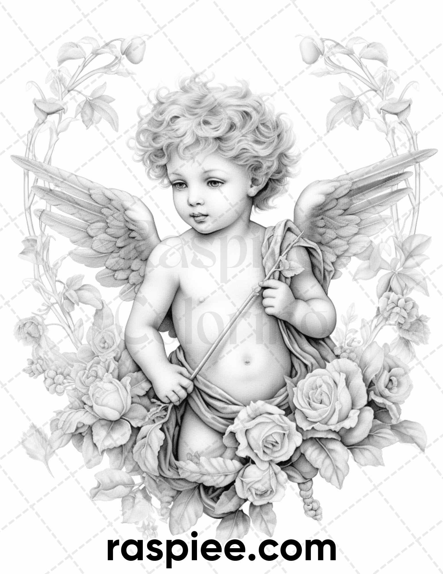 40 Valentine's Day Cupid Grayscale Adult Coloring Pages, Printable PDF Instant Download