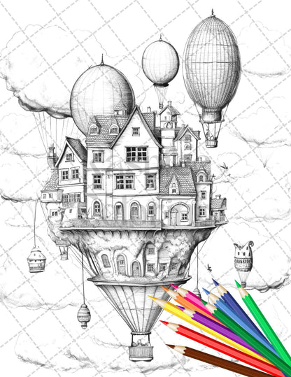 40 Fantasy Sky Houses Grayscale Coloring Pages Printable for Adults, PDF File Instant Download