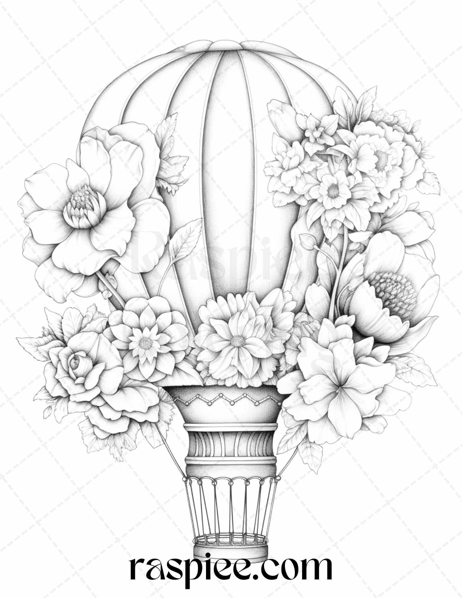 42 Flower Hot Air Balloons Grayscale Coloring Pages Printable for Adults, PDF File Instant Download