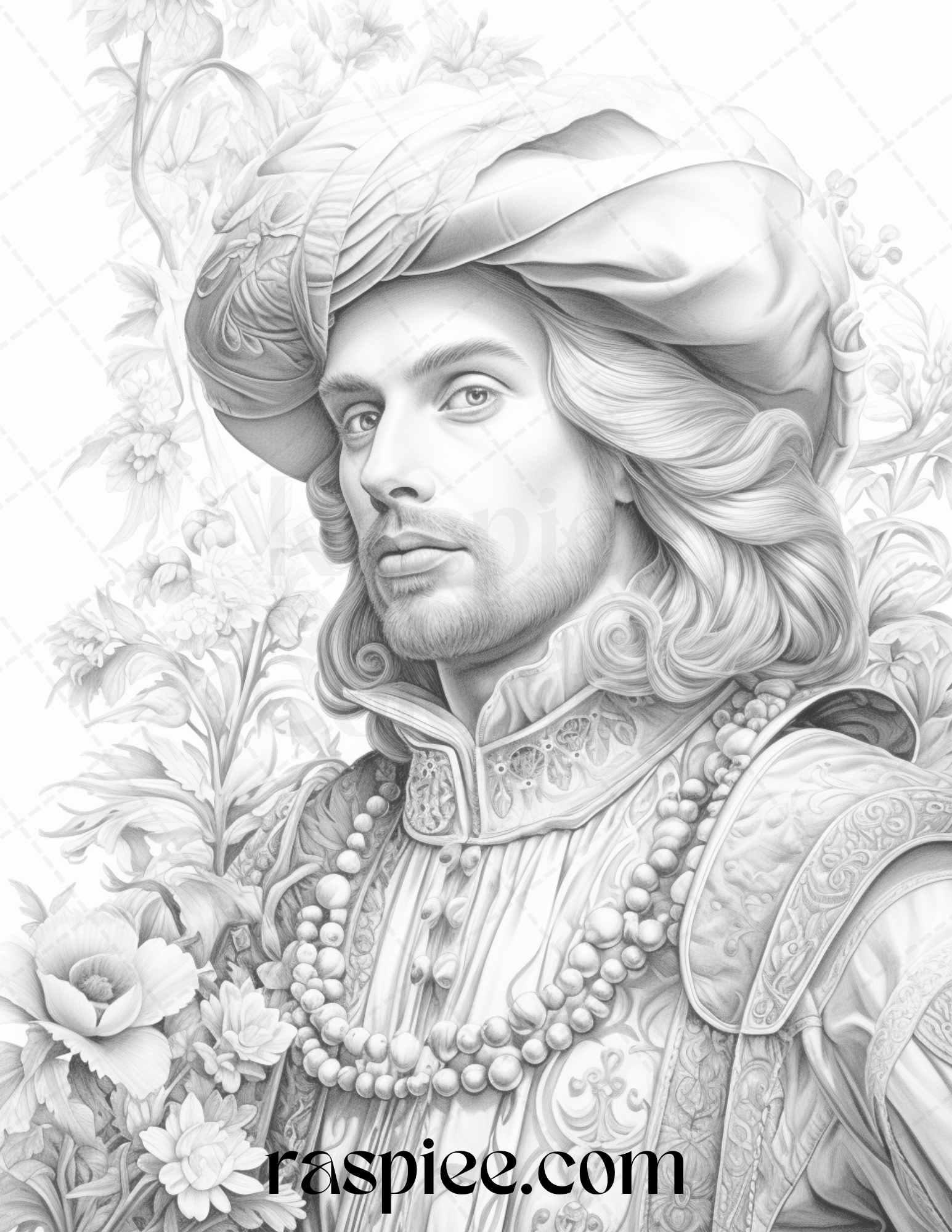 50 Baroque Man Portrait Grayscale Graysale Coloring Pages Printable for Adults, PDF File Instant Download