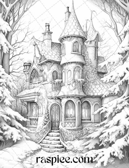 42 Fantasy Christmas Houses Grayscale Coloring Pages Printable for Adults, PDF File Instant Download