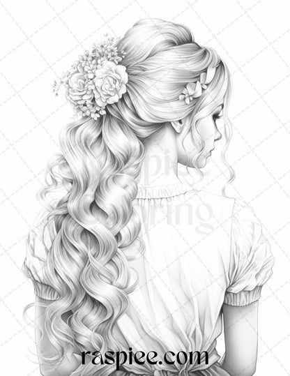 43 Beautiful Hairstyles Grayscale Coloring Pages Printable for Adults, PDF File Instant Download