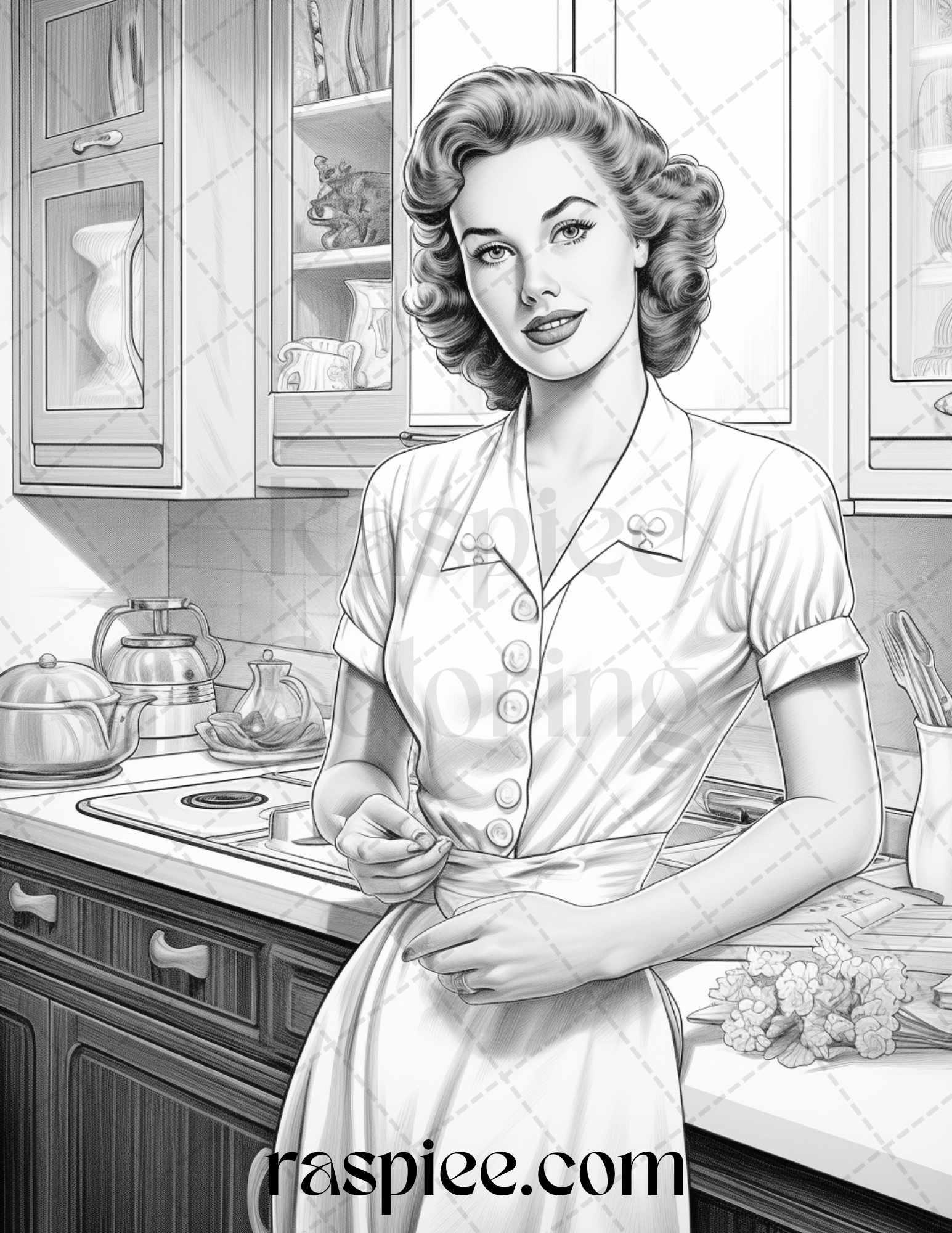 40 Retro Housewives Grayscale Coloring Pages for Adults, Printable PDF File Instant Download