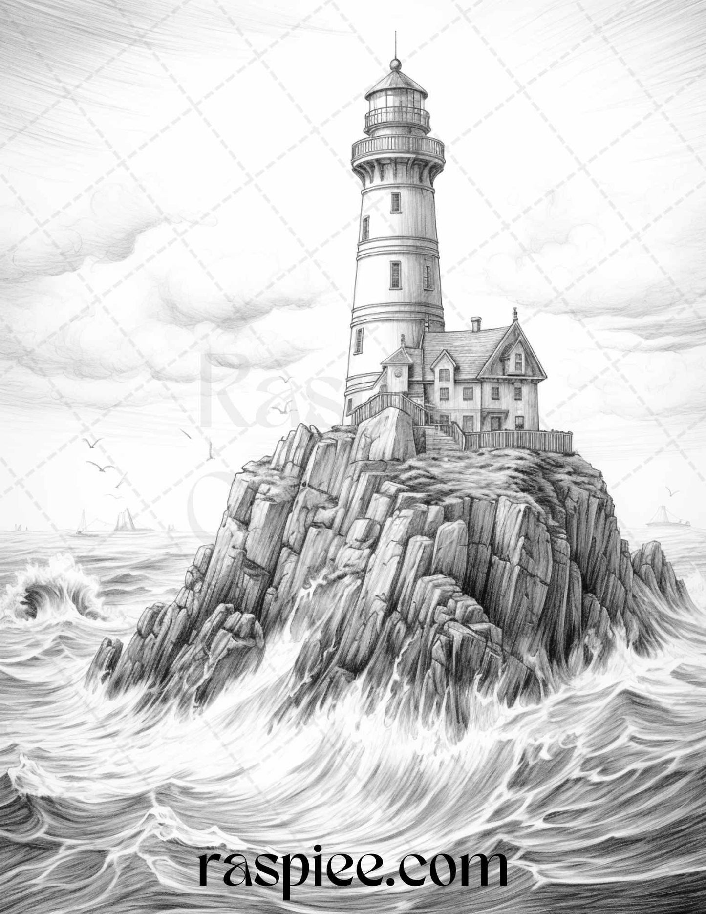 40 Majestic Lighthouses Grayscale Coloring Pages Printable for Adults, PDF File Instant Download