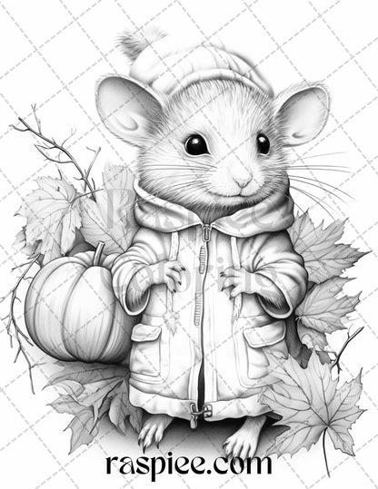 40 Cute Fall Animals Grayscale Coloring Pages Printable for Adults and Kids, PDF File Instant Download