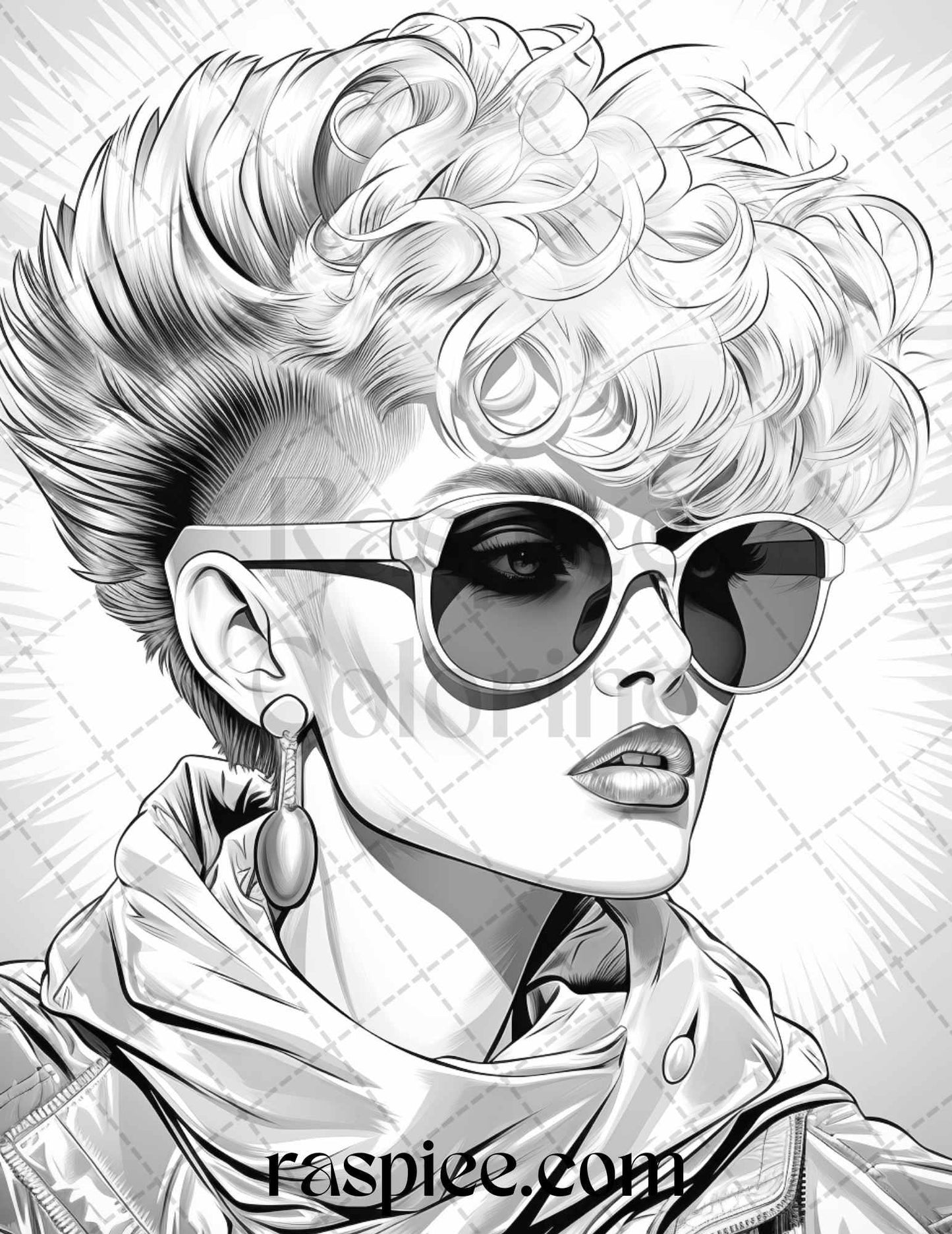 1980s New Wave Pop Star Grayscale Coloring Pages Printable for Adults, PDF File Instant Download