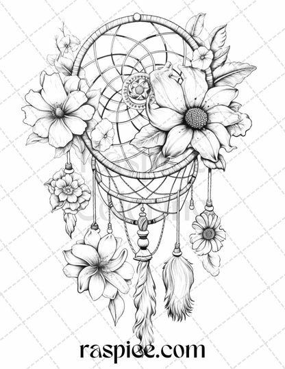 30 Flower Dreamcatcher Grayscale Coloring Pages Printable for Adults, PDF File Instant Download