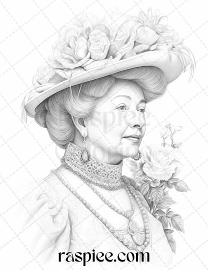 50 Victorian Grandma Grayscale Coloring Pages Printable for Adults, PDF File Instant Download