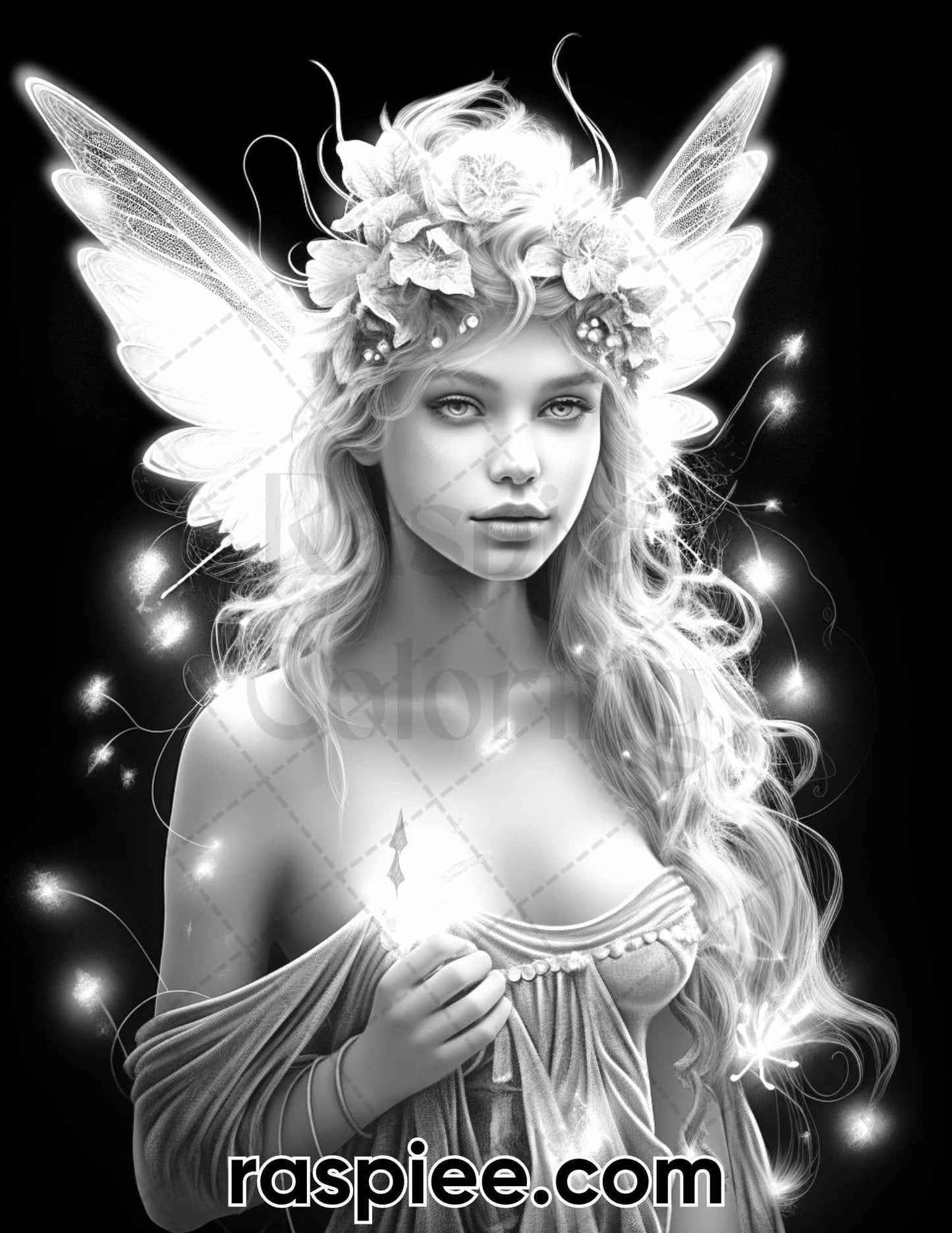 50 Starlight Fairy Grayscale Coloring Pages for Adults, Printable PDF File Instant Download