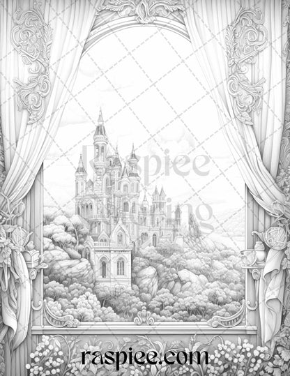 40 Window to Fantasy Worlds Grayscale Coloring Pages Printable for Adults, PDF File Instant Download