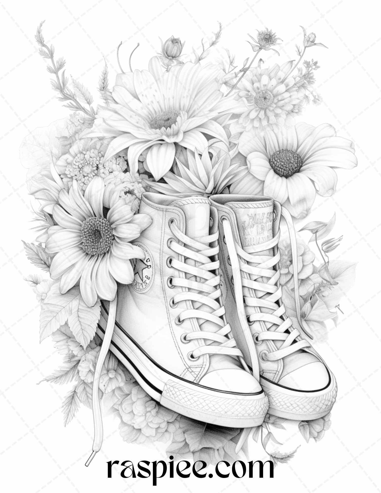 40 Flower Sneakers Grayscale Coloring Pages Printable for Adults, PDF File Instant Download