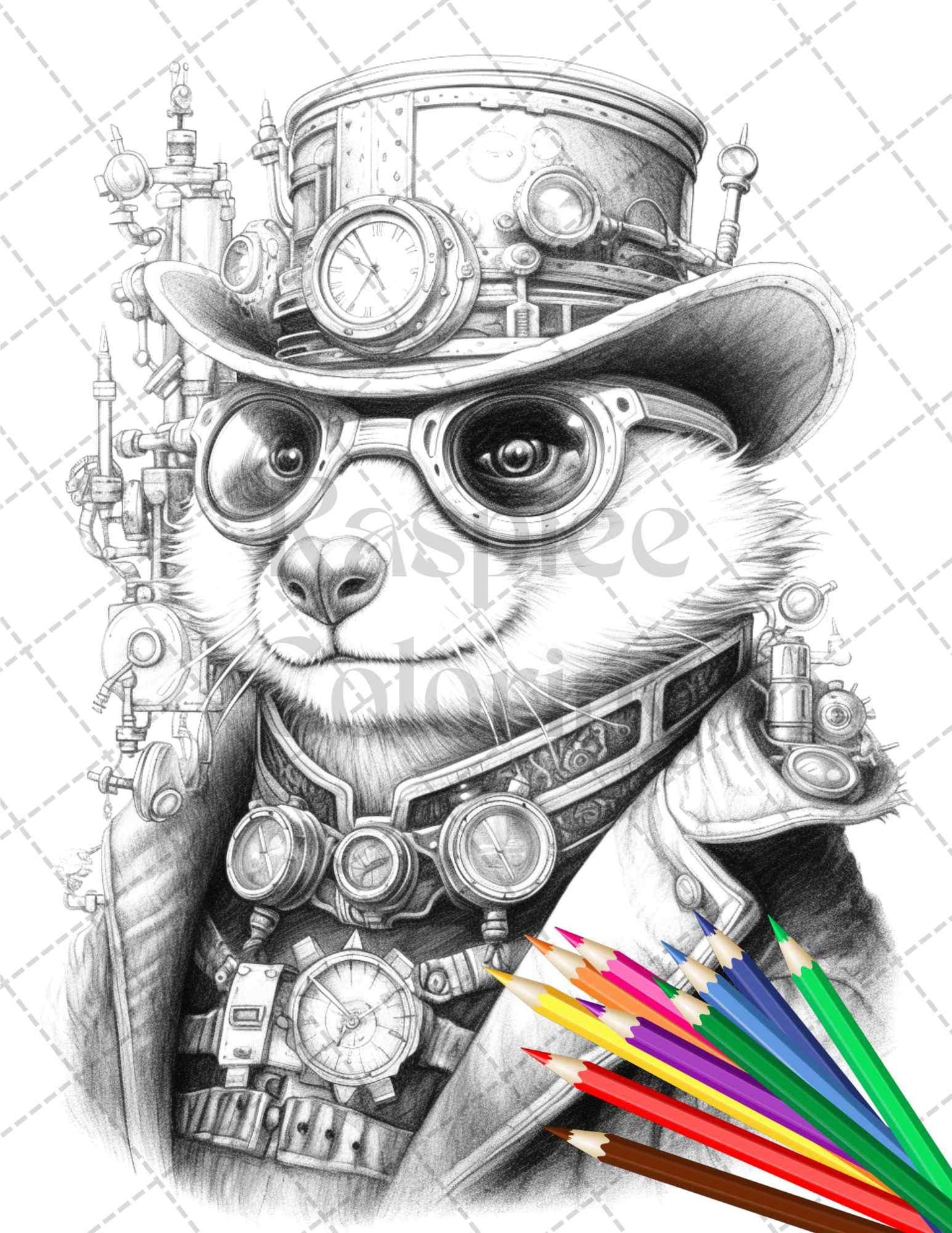 45 Steampunk Animals Grayscale Coloring Pages Printable for Adults Vol. 2, PDF File Instant Download