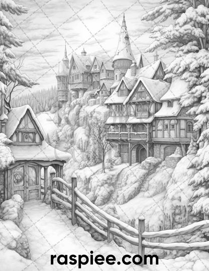 40 Fantasy Winter Village Grayscale Coloring Pages for Adults, PDF File Instant Download