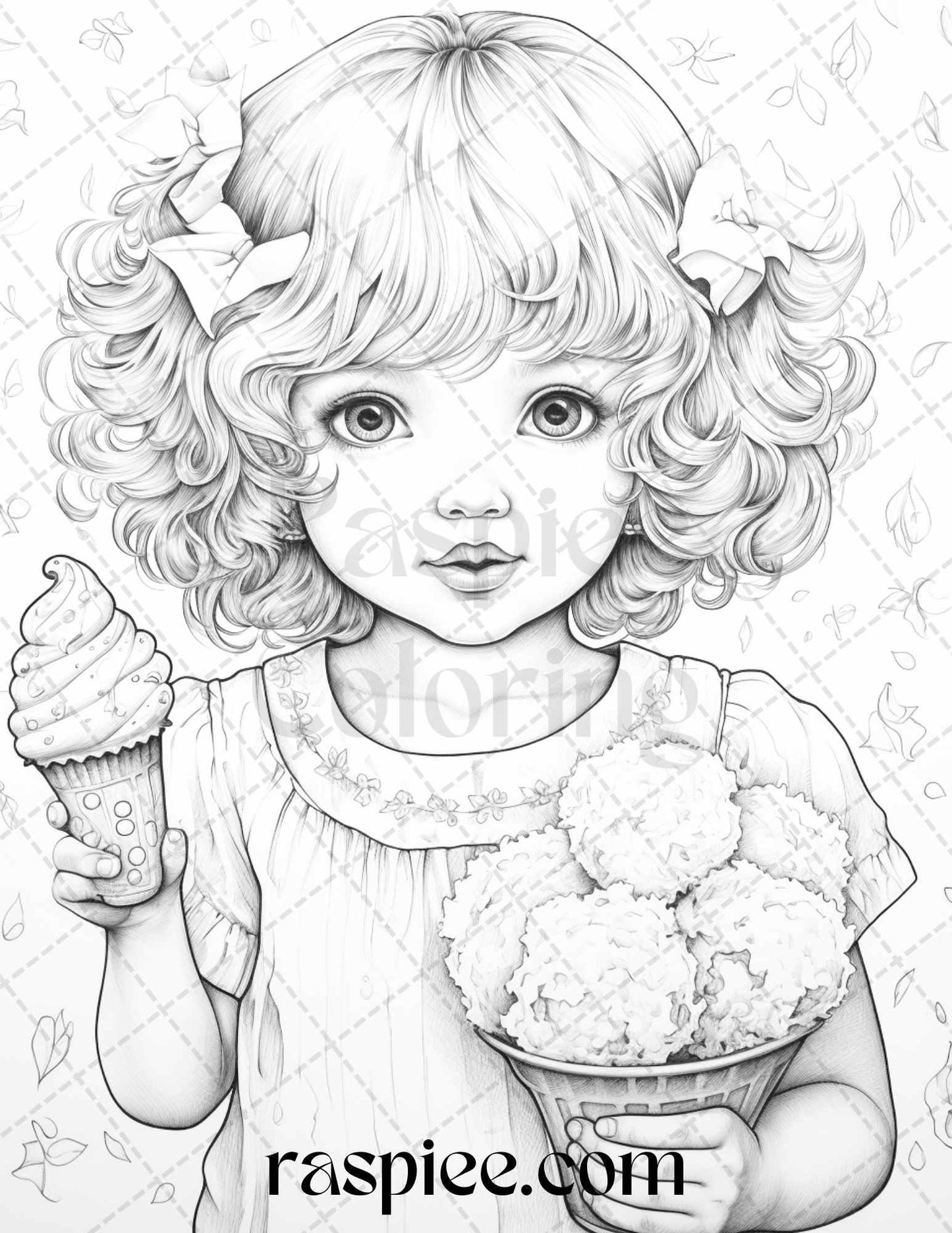 42 Adorable Girls with Ice Cream Grayscale Coloring Pages Printable for Adults Kids, PDF File Instant Download