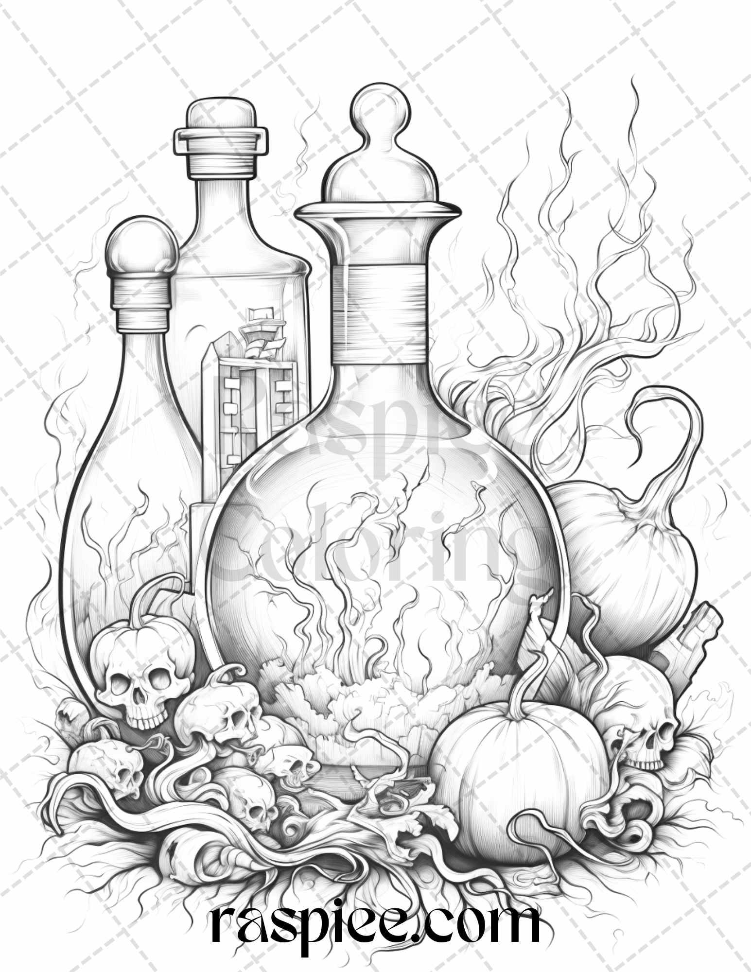 40 Mystical Magic Potions Grayscale Coloring Pages Printable for Adults, PDF File Instant Download