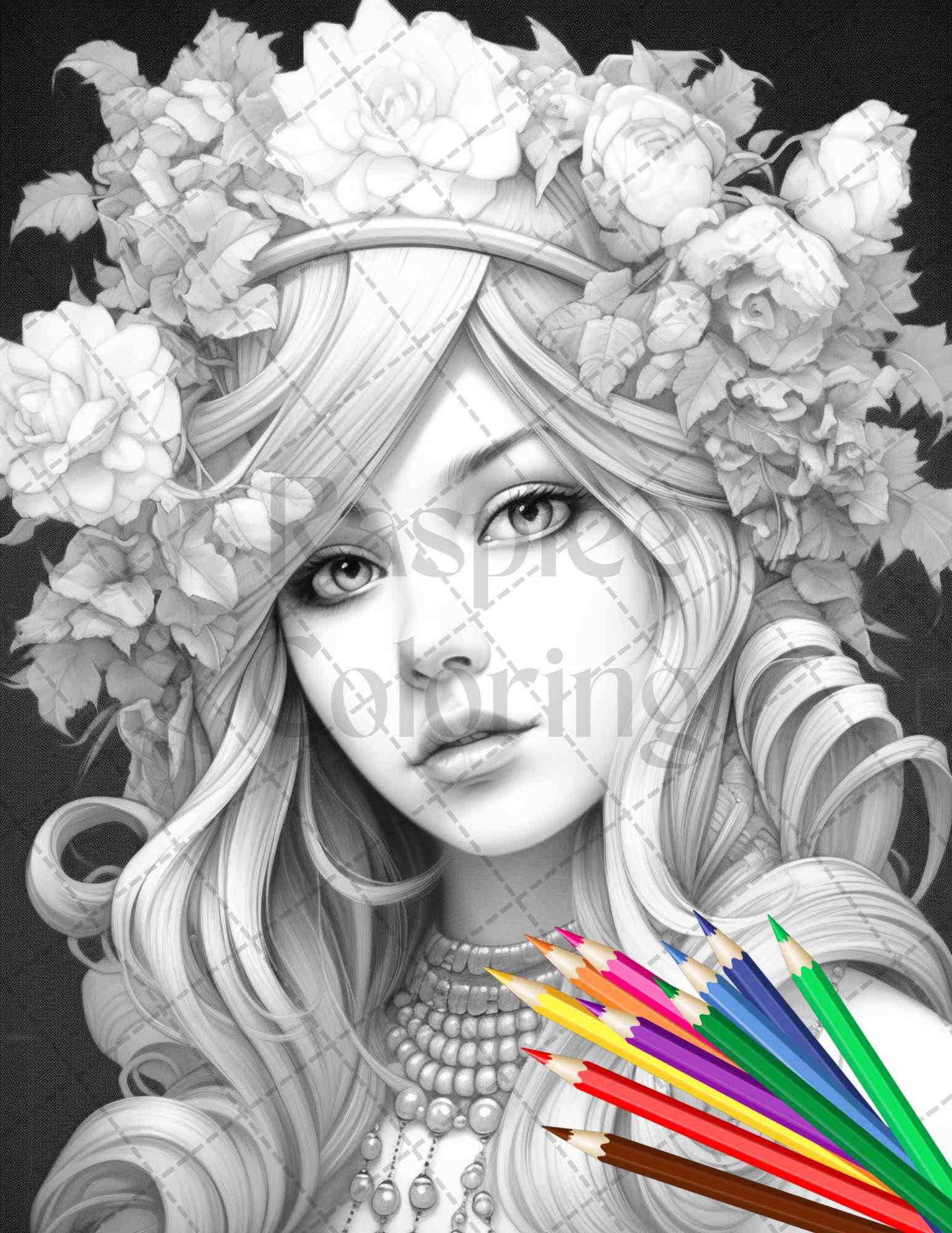 40 Beautiful Gothic Girls Grayscale Coloring Pages Printable for Adults, PDF File Instant Download