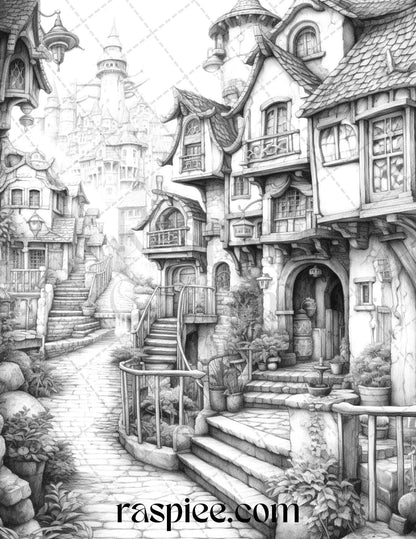 40 Fantasy Village Grayscale Coloring Pages Printable for Adults, PDF File Instant Download