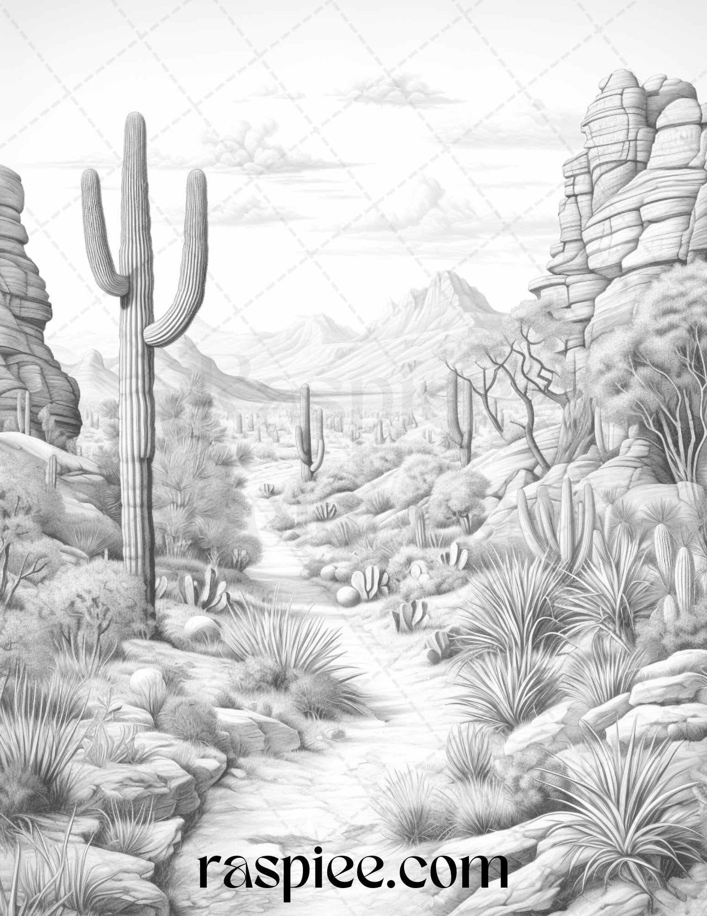 40 Desert Landscapes Grayscale Coloring Pages Printable for Adults, PDF File Instant Download