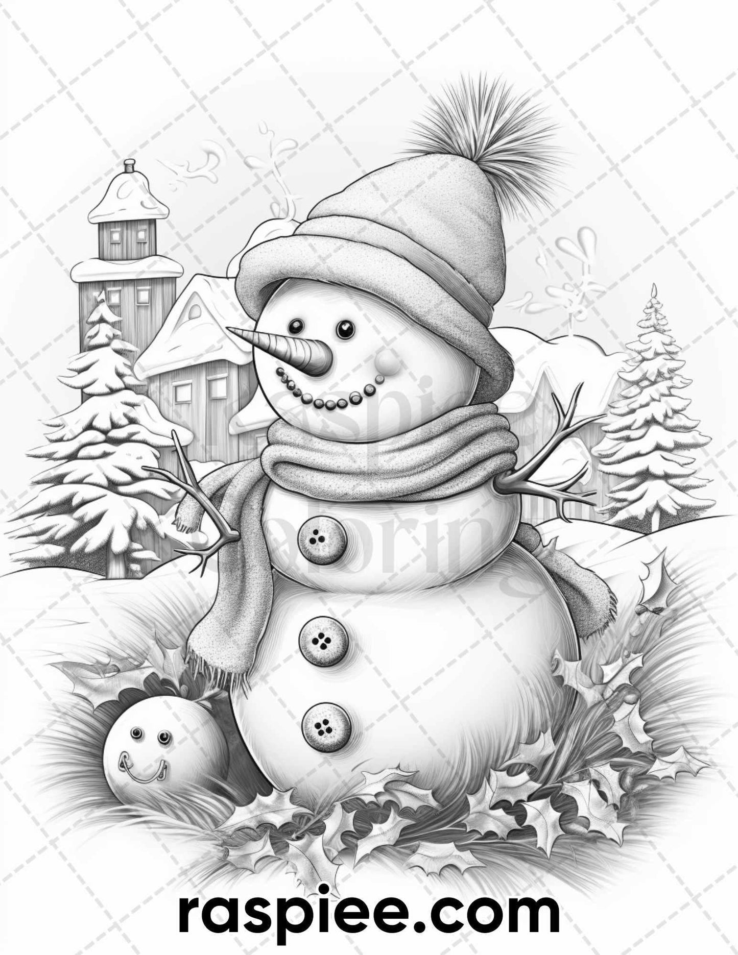 40 Chistmas Snowman Grayscale Coloring Pages for Adults, Printable PDF Instant Download