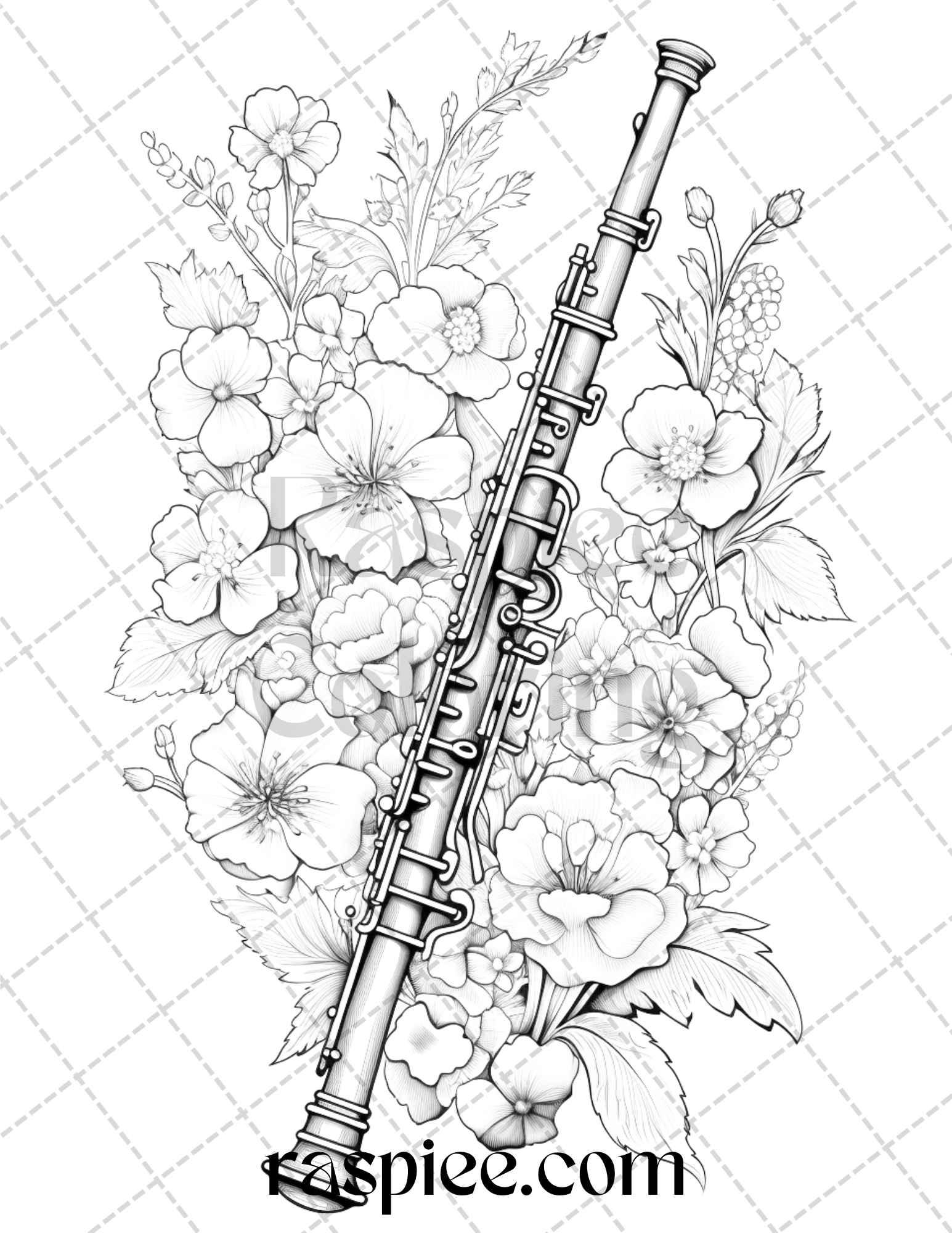 30 Musical Instrument Flower Grayscale Coloring Pages Printable for Adults, PDF File Instant Download