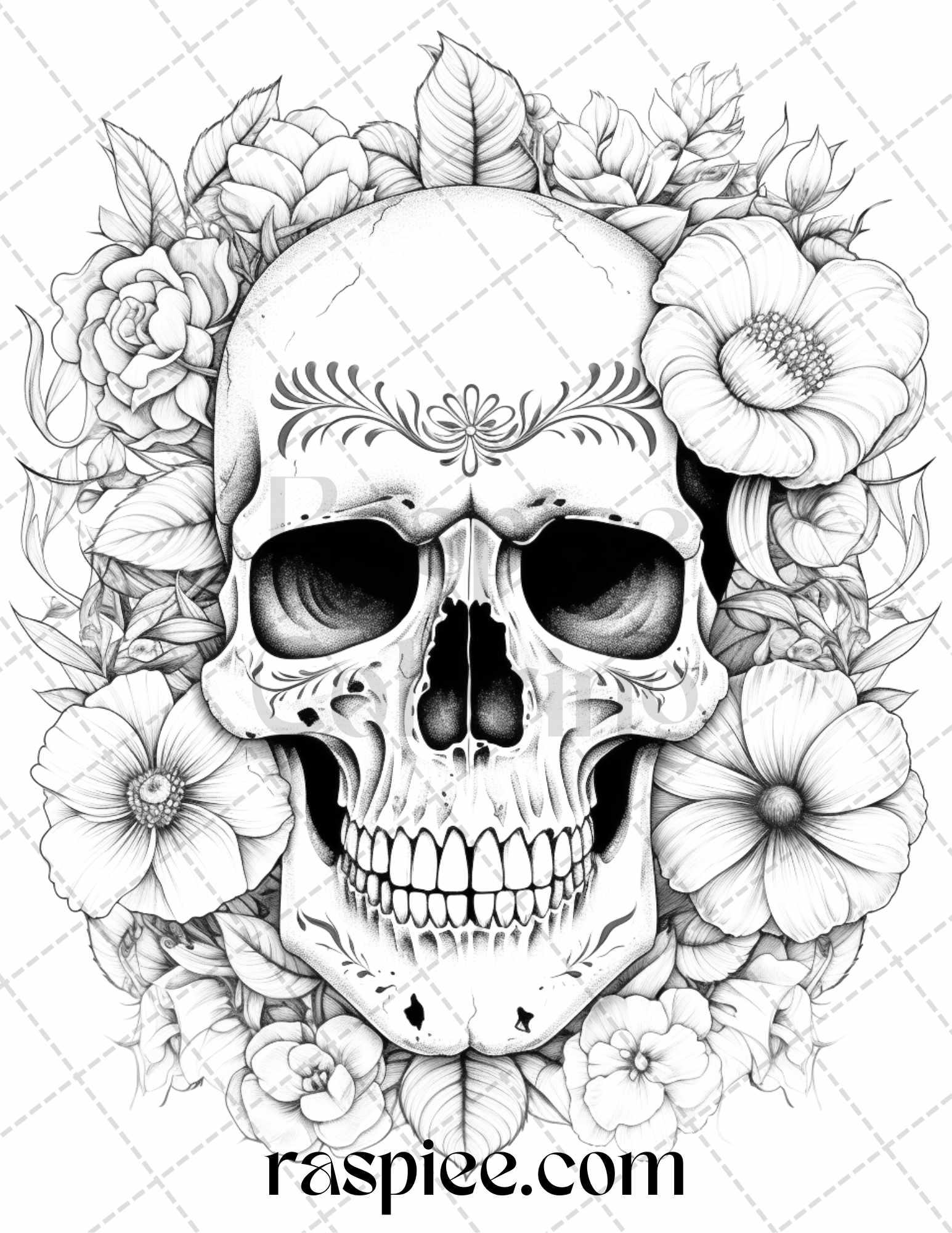 42 Floral Skull Grayscale Coloring Pages for Adults, Stress Relief Coloring Sheets, Printable PDF File Instant Download