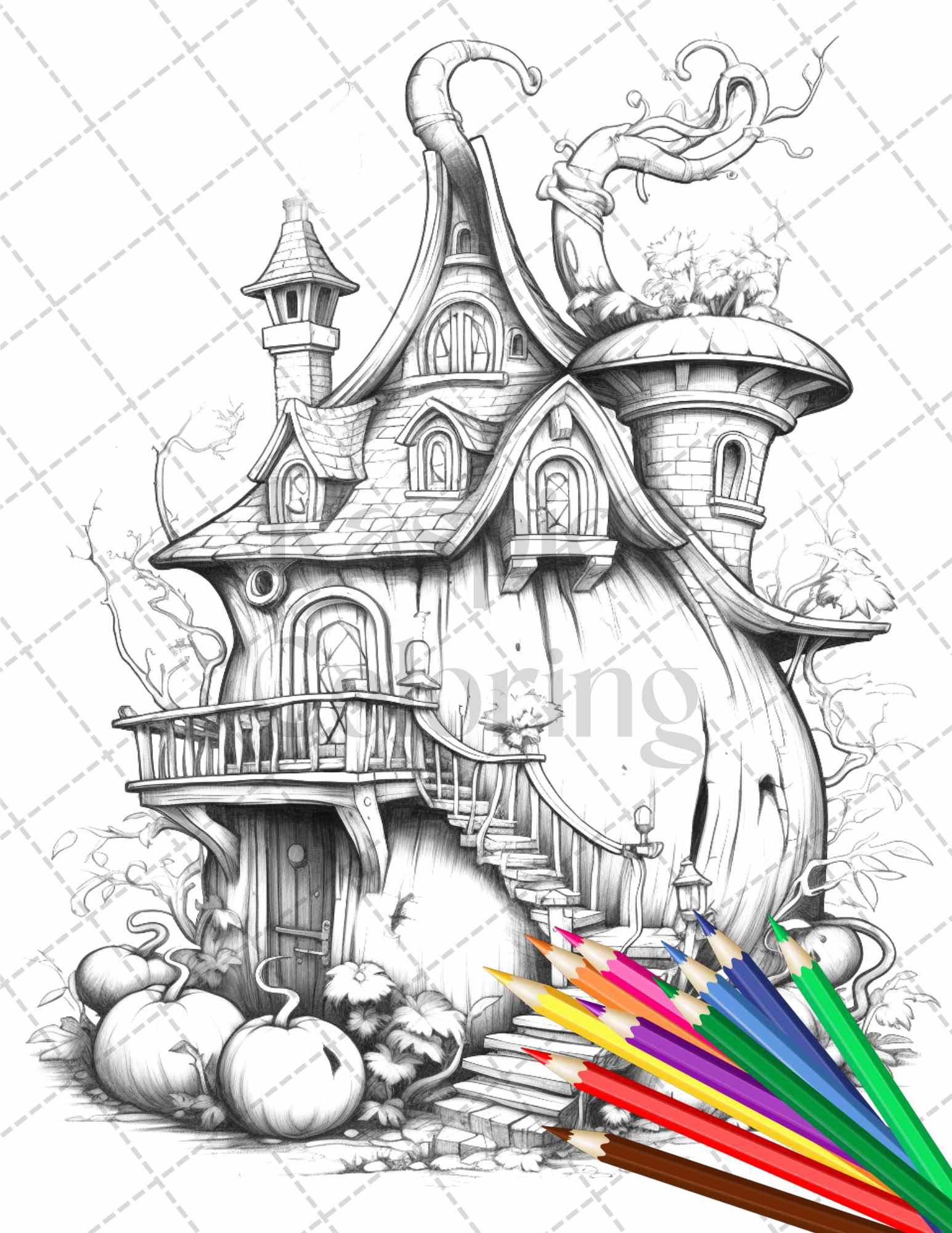 40 Pumpkin Fairy Houses Grayscale Coloring Pages Printable for Adults, PDF File Instant Download