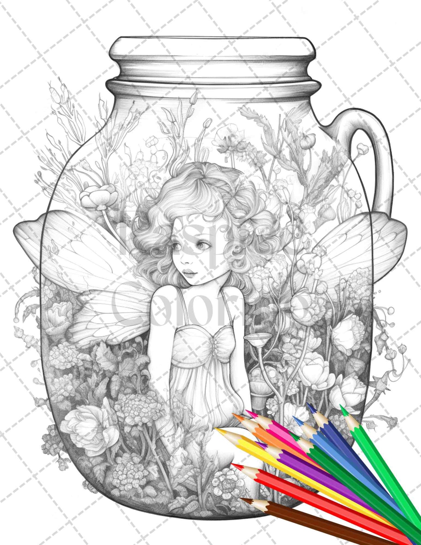 40 Beautiful Fairies in Jar Grayscale Coloring Pages Printable for Adults, PDF File Instant Download