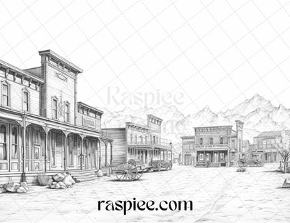 40 Wild West Towns Grayscale Coloring Pages Printable for Adults, PDF File Instant Download