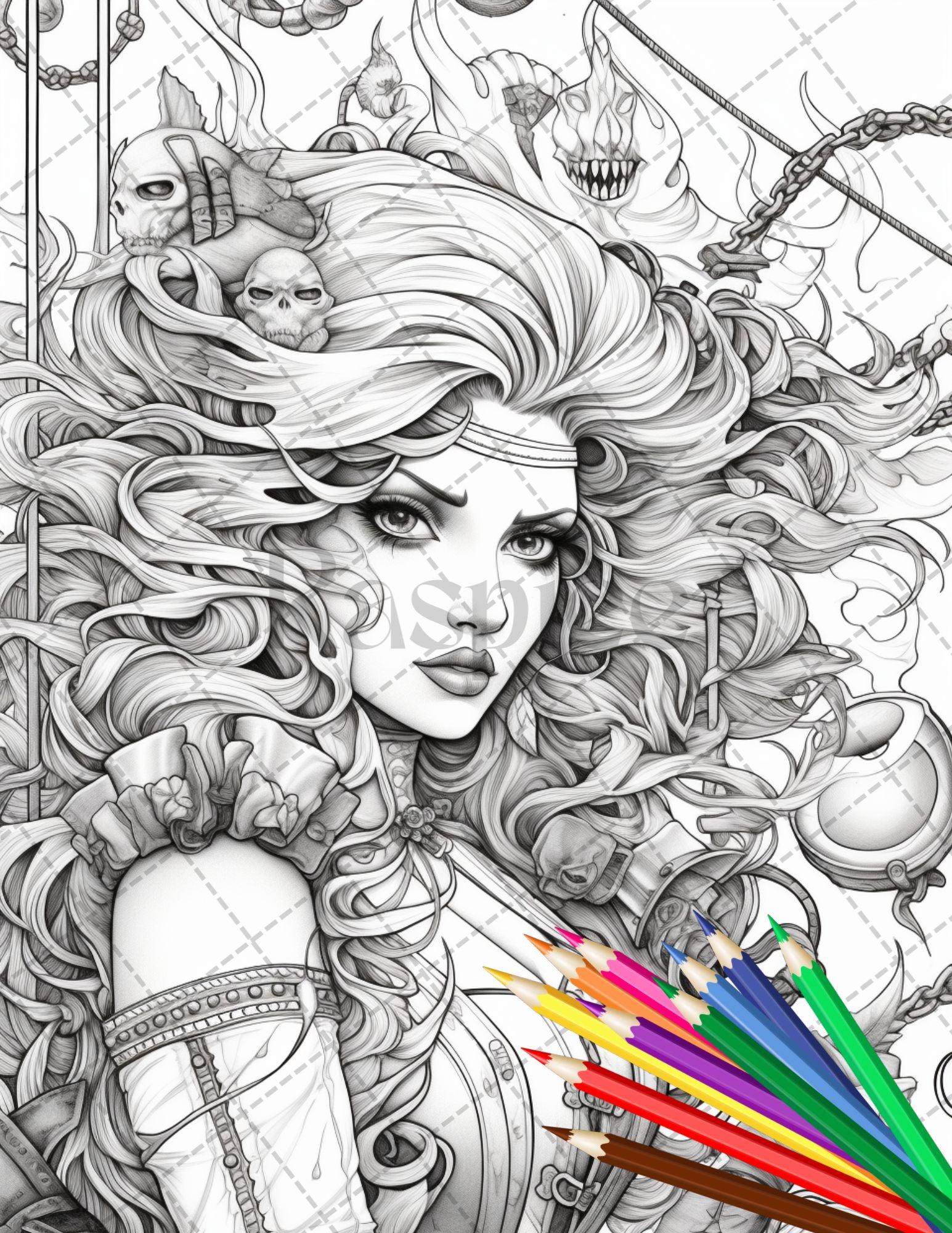 48 Beautiful Pirate Princess Coloring Book Printable for Adults, Grayscale Coloring Page, PDF File Instant Download