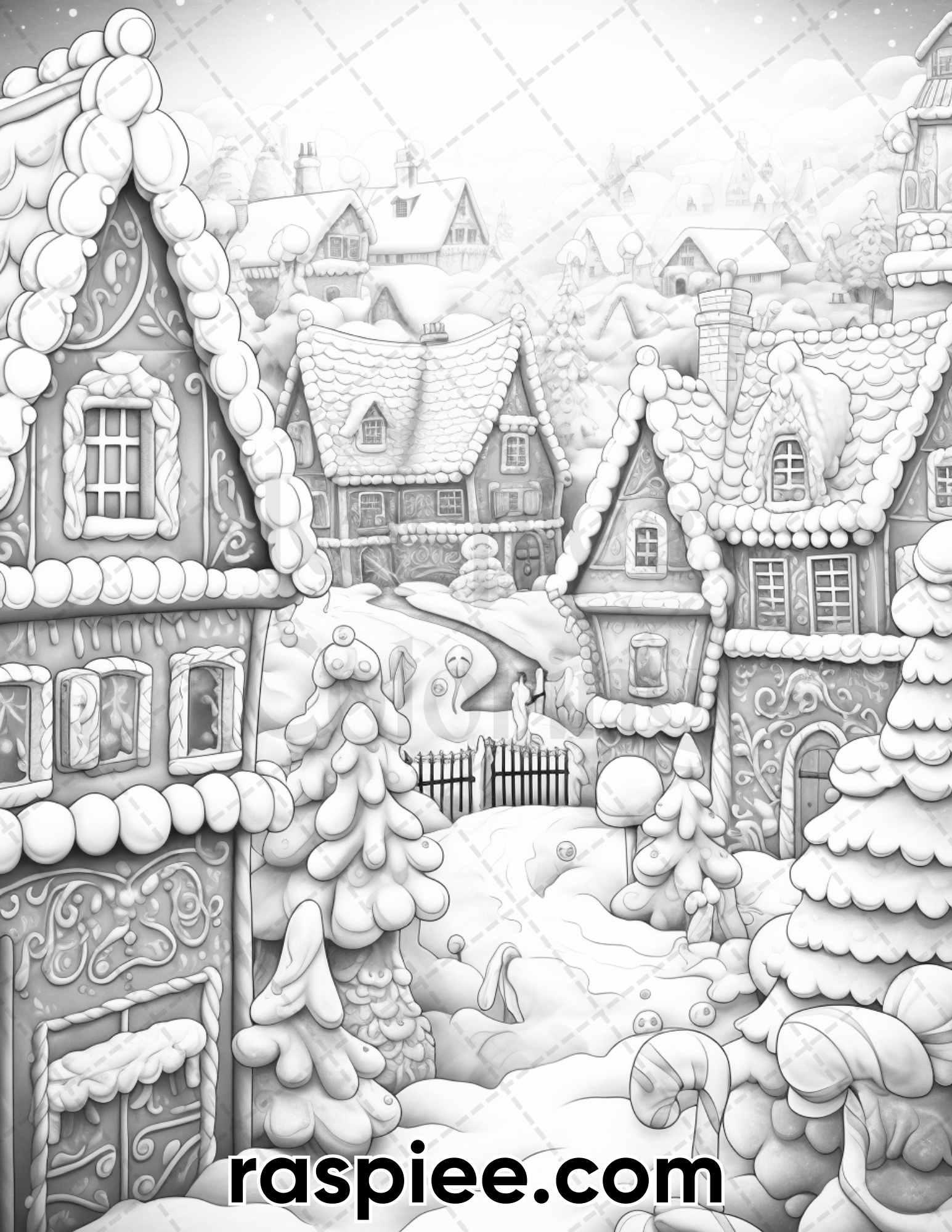 40 Gingerbread Village Grayscale Coloring Pages for Adults, Printable PDF Instant Download