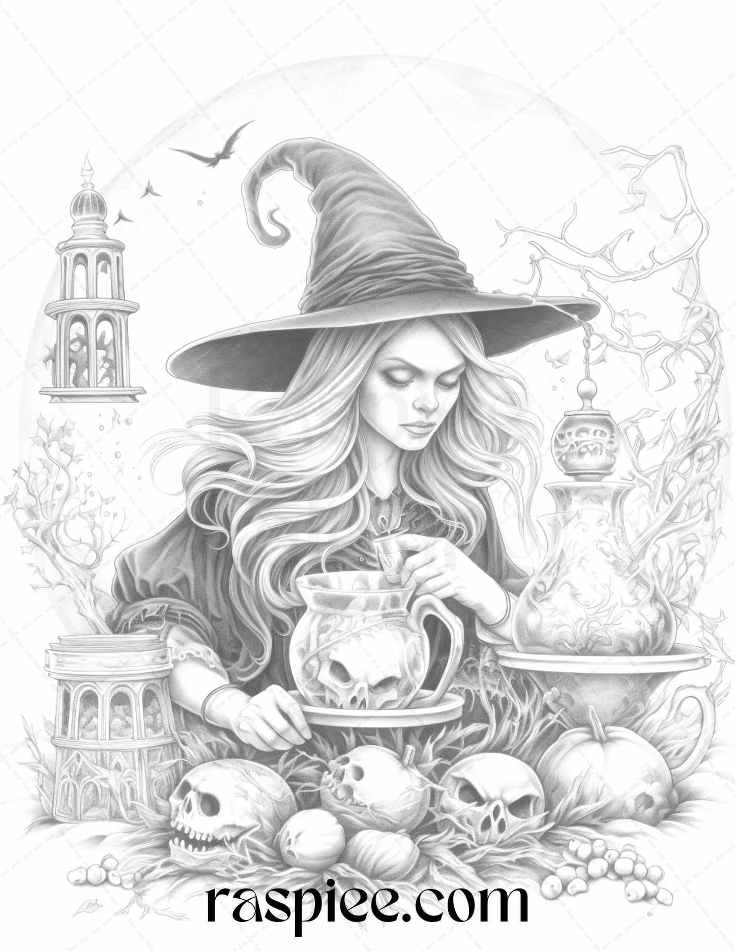 40 Witchy Land Grayscale Coloring Pages Printable for Adults, PDF File Instant Download