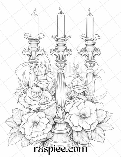 40 Flower Candles Grayscale Coloring Pages Printable for Adults, PDF File Instant Download