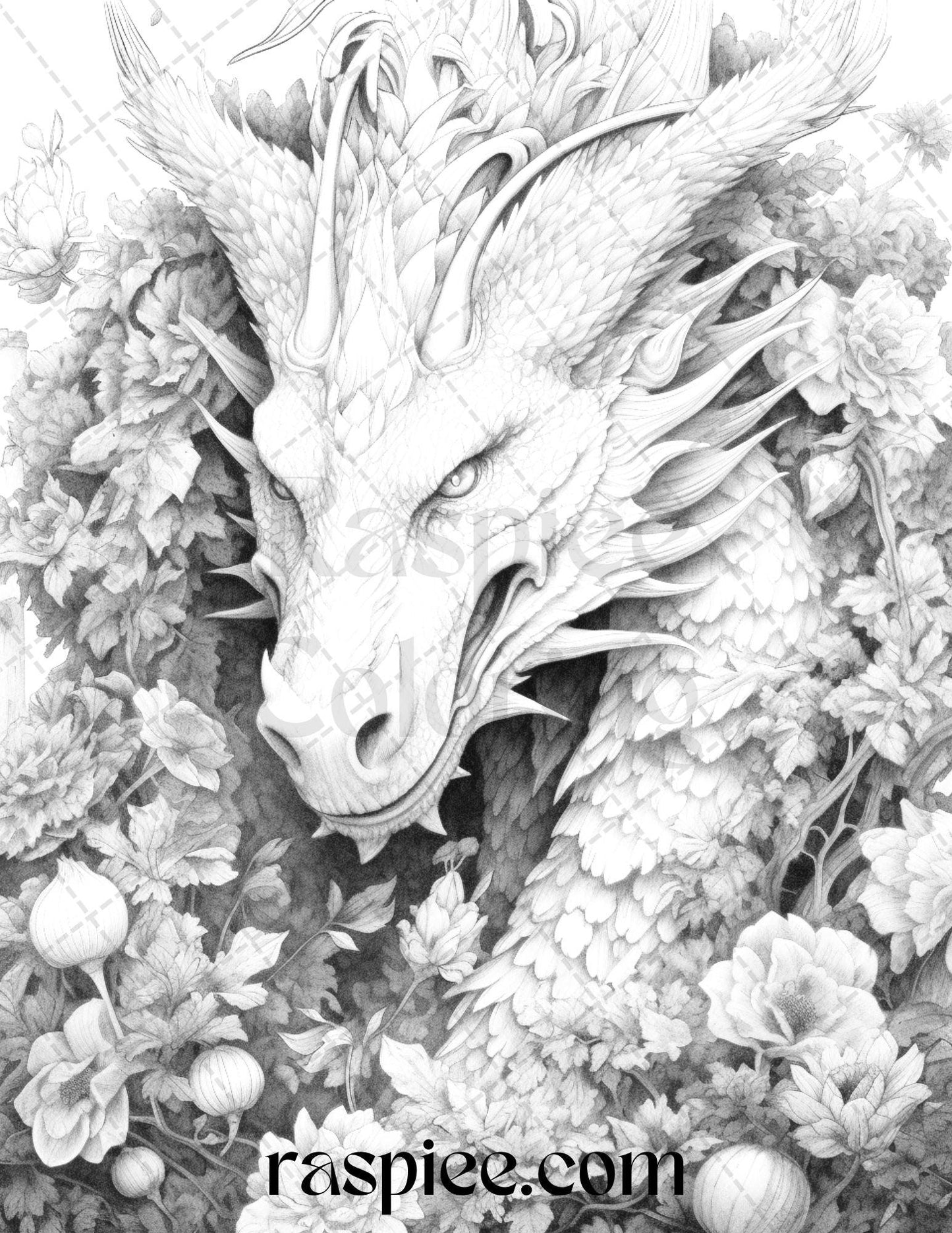 40 Flower Dragon Grayscale Coloring Pages Printable for Adults, PDF File Instant Download