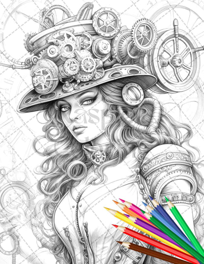 40 Steampunk Ladies Grayscale Coloring Pages Printable for Adults, PDF File Instant Download