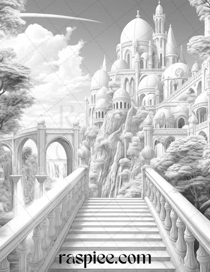 40 Fantasy Landscapes Grayscale Coloring Pages Printable for Adults, PDF File Instant Download