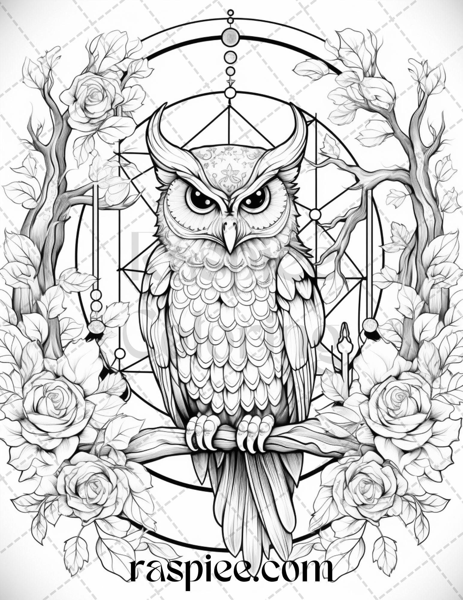 40 Floral Owl Grayscale Printable Coloring Pages for Adults, PDF File Instant Download