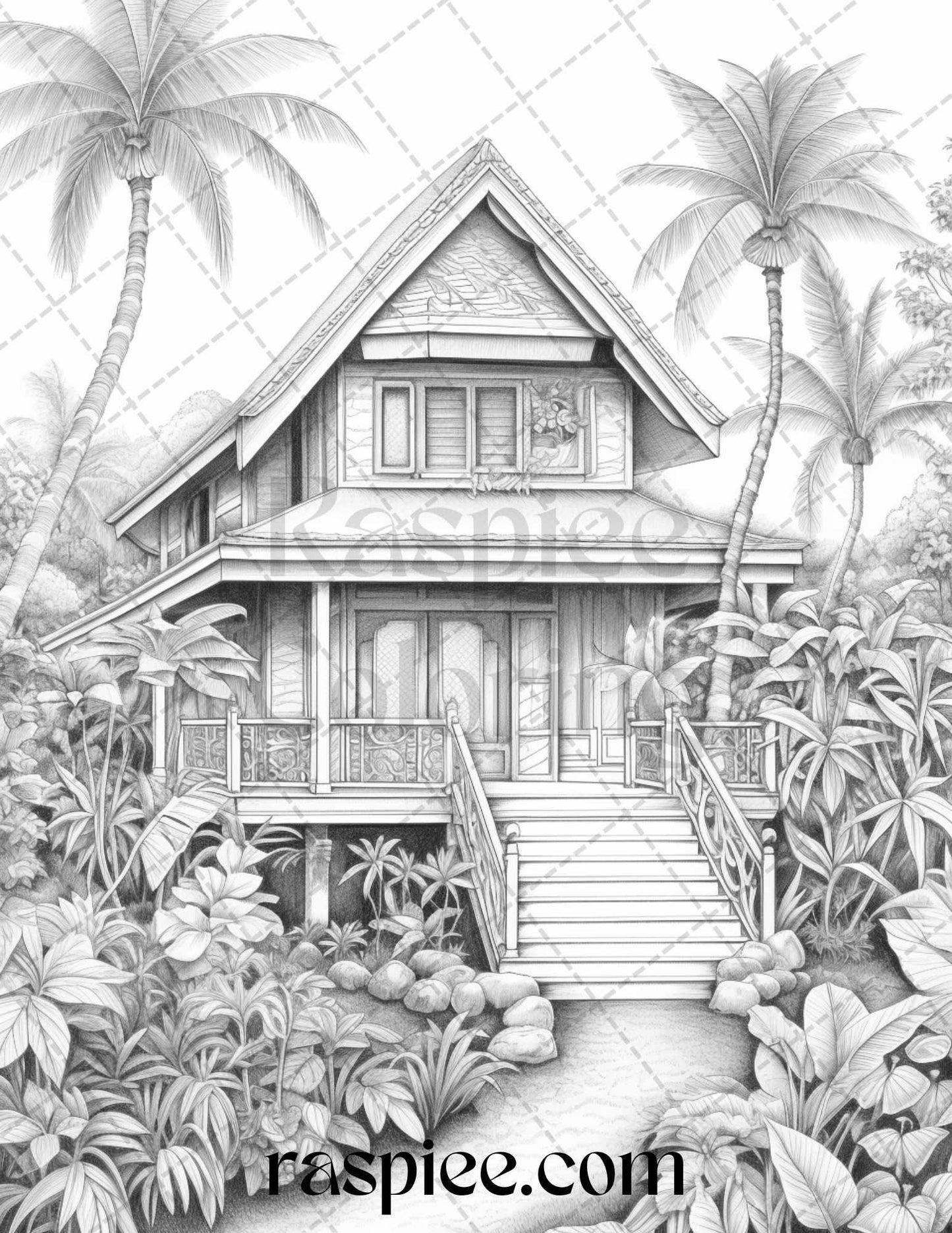 40 Hawaii Tiki Houses Grayscale Coloring Pages Printable for Adults, PDF File Instant Download