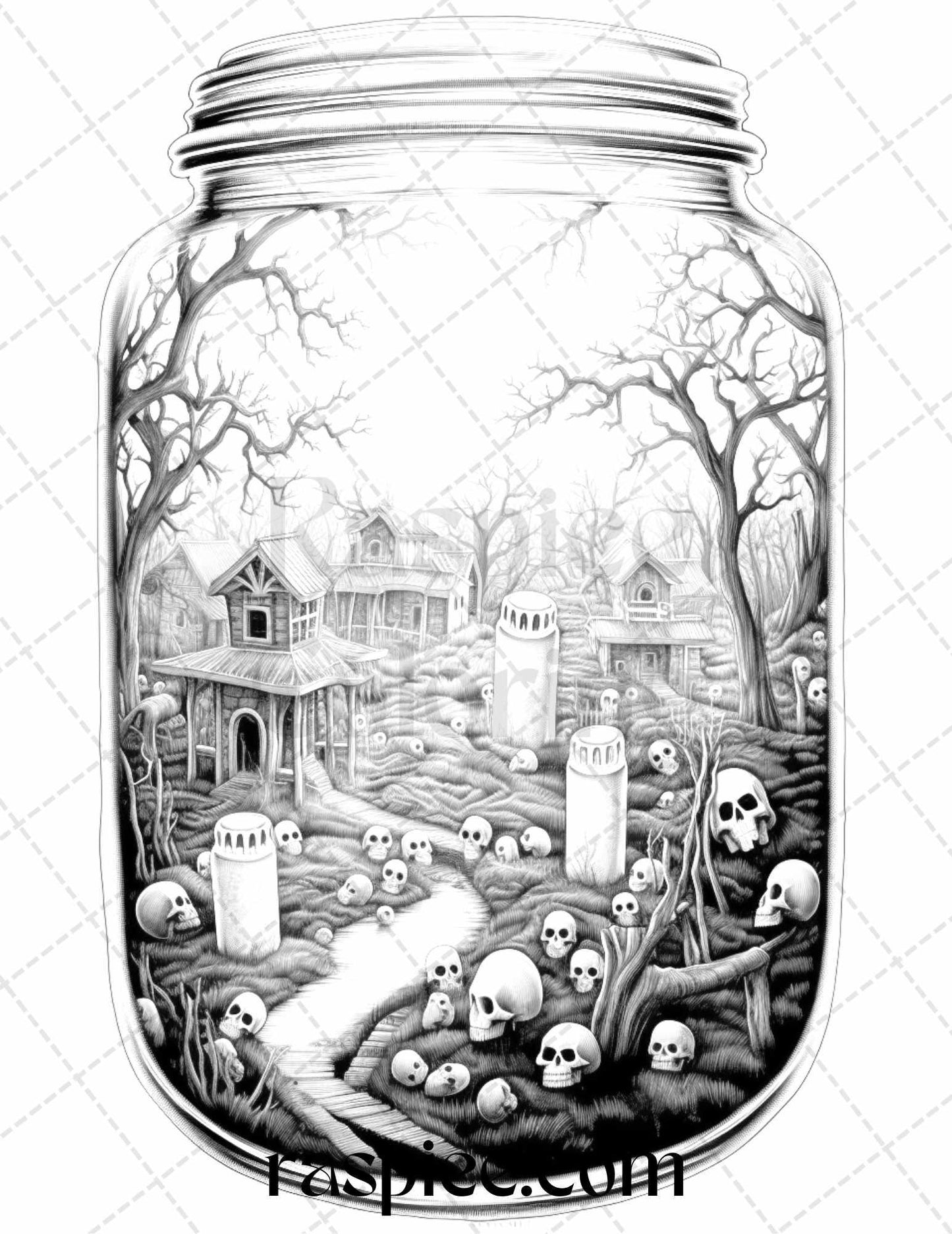 40 Halloween in Jar Grayscale Coloring Pages for Adults, Printable PDF File Instant Download