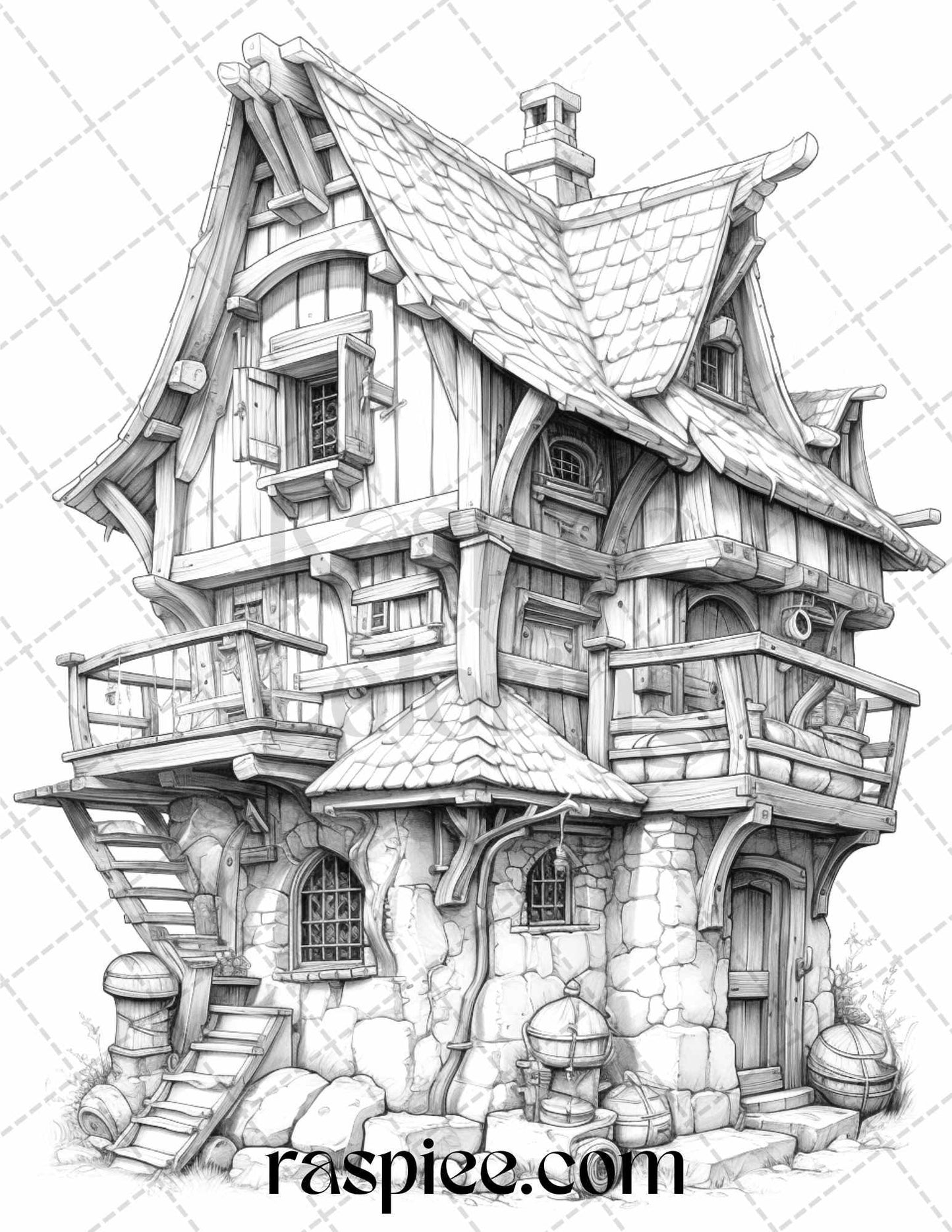 40 Viking Houses Grayscale Coloring Pages Printable for Adults, PDF File Instant Download