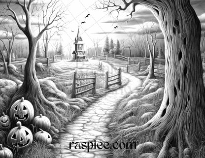 40 Halloween Landscapes Grayscale Coloring Pages Printable for Adults, PDF File Instant Download