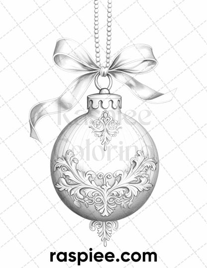 40 Christmas Balls Grayscale Coloring Pages Printable for Adults, PDF File Instant Download