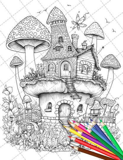 32 Whimsical Mushroom House Coloring Pages for Adults, Grayscale Coloring Book, Printable PDF File Download