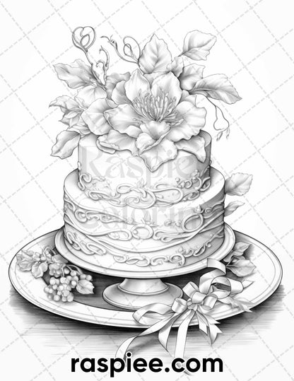 45 Christmas Cakes Grayscale Coloring Pages for Adults, Printable PDF File Instant Download