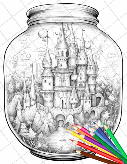 42 Fantasy Castle In Jar Grayscale Coloring Pages Printable for Adults, PDF File Instant Download