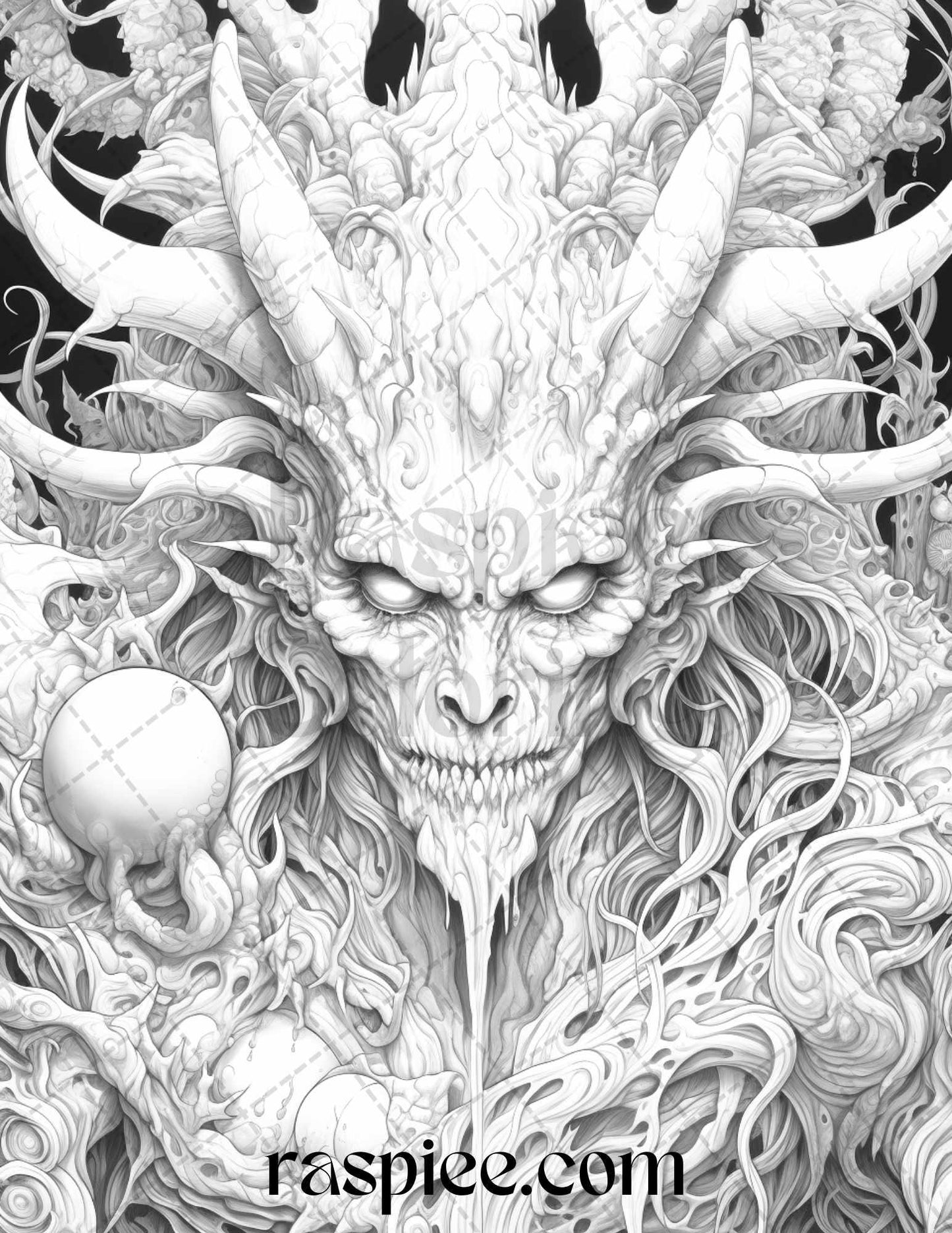 43 Fantasy Demons Grayscale Coloring Pages for Adults, Printable PDF File Instant Download