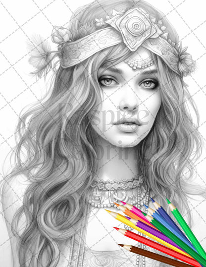 43 Beautiful Hippie Girls Grayscale Coloring Pages Printable for Adults, PDF File Instant Download